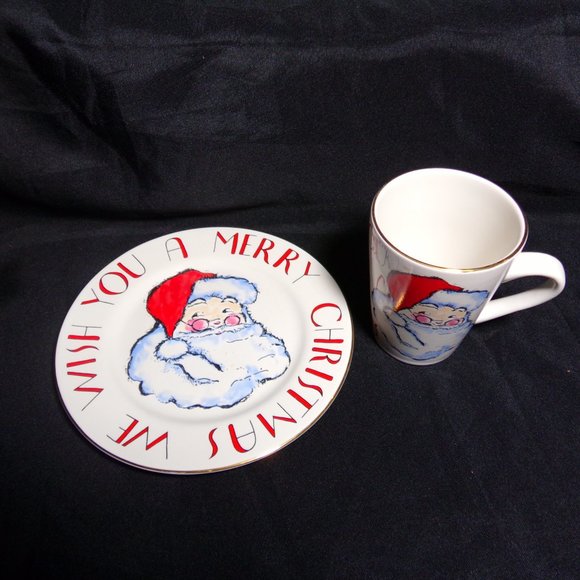 Rosanna Porcelain Christmas SET 8" Plate and Matching 4.5 " Mug Santa gold trim - Picture 7 of 16